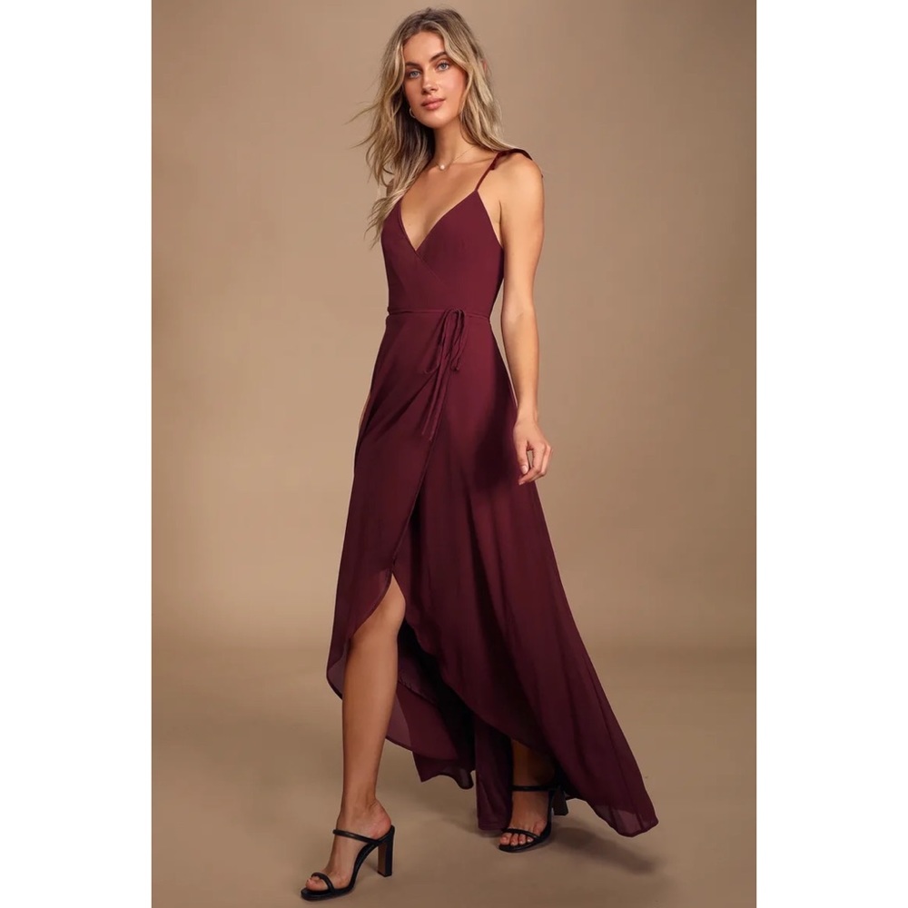 Lulu's Burgundy High-Low Ruffle Strap Maxi Dress - Picture 2 of 11